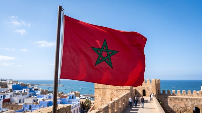Moroccan flag waving over traditional coastal cityscape with blue sky