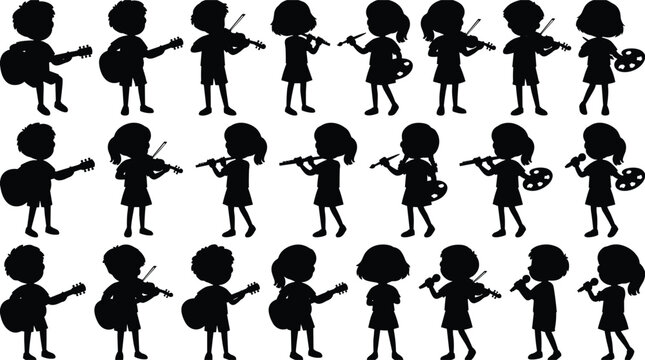 Children Music and Art Silhouette Collection with Guitar Violin Flute Singing and Painting