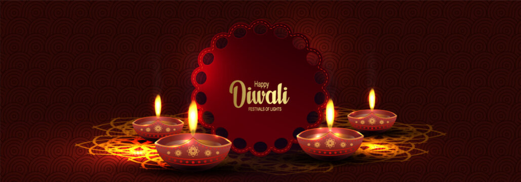 An elegant card with a decorative frame and lights in honor of the Hindu festival of lights Diwali.