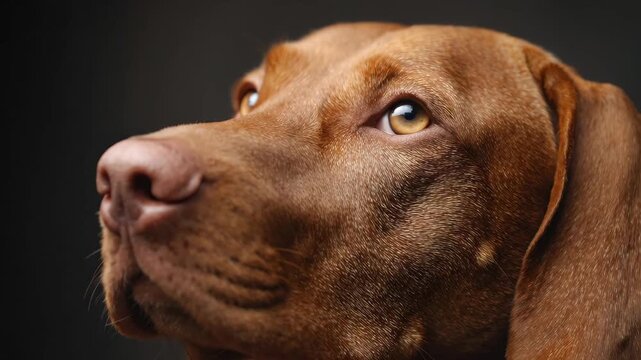 Close up profile portrait of a Vizsla dog looking up against a dark studio background.