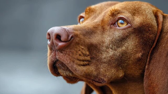 Close up profile portrait of a brown Vizsla dog looking away with attentive expression.