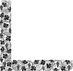Fototapeta premium A grape vine or grapevine with vines leaves and grapes leaf corner border pattern. Wine concept drawing illustration in a vintage etching woodcut style.