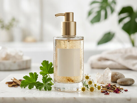 Luxurious exfoliating toner in elegant cosmetic bottle with pump, delicate skincare ingredients, white stone surface, fresh refined skincare atmosphere, premium beauty product. Close-up.
