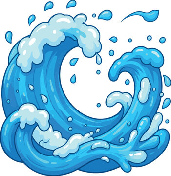 Water splashes. Cartoon blue water splash and sea wave forms with drops, ocean swirls, tidal liquid flows with foam and ripple. Game and summer pool design. Isolated vector marine elements