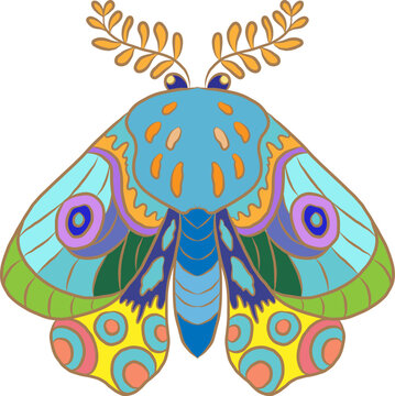 Intricate black and white line art illustration of a stylized luna moth featuring ornamental wings with abstract patterns and decorative leafy 