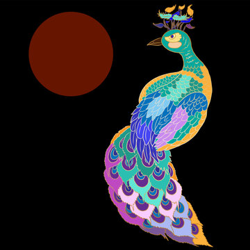 Elegant peacock illustration featuring an intricately detailed ornamental bird with elaborate layered feathers, decorative plumage, and a distinctive floral motif forming the crest above its head. 