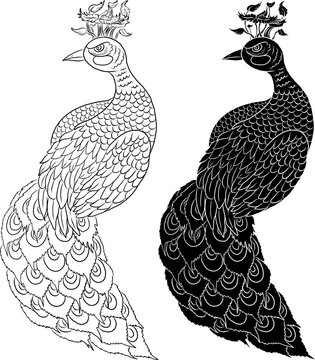 Elegant peacock illustration featuring an intricately detailed ornamental bird with elaborate layered feathers, decorative plumage, and a distinctive floral motif forming the crest above its head. 