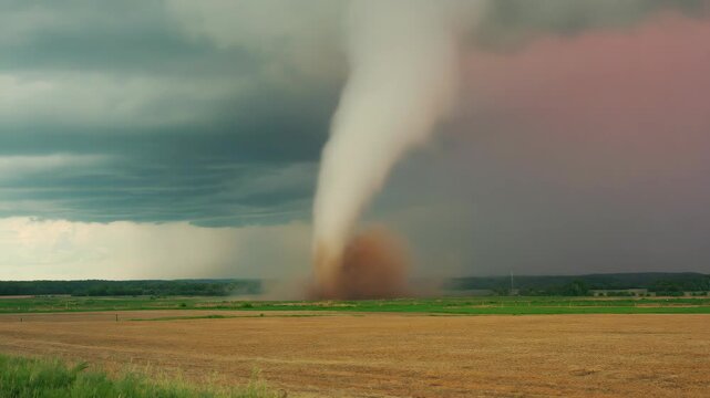 A massive tornado touching down in a field, with dark clouds and a dramatic sky.