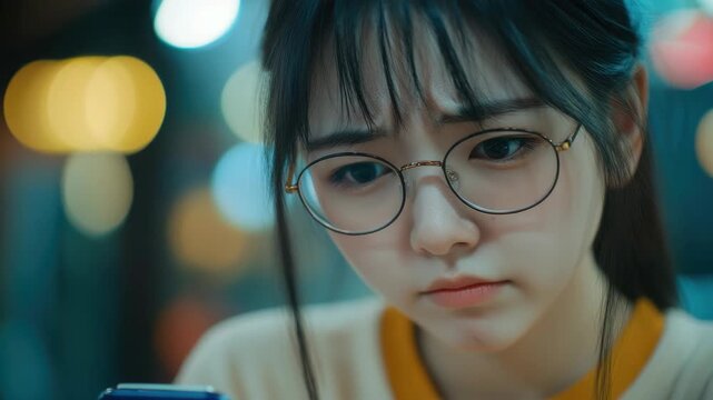 Young female with glasses, sitting and looking down, with blurred city lights in the background.