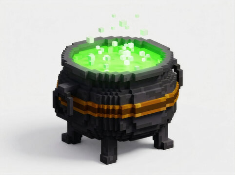 3D voxel art illustration of a black cauldron with bubbling green magic potion