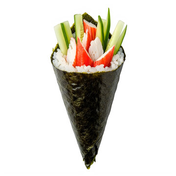 Fresh sushi hand roll with crab meat and cucumber on white