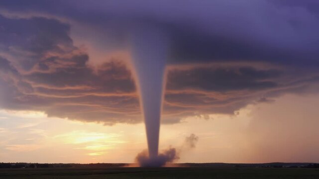 A dramatic of a tornado forming in the sky at sunset, with the silhouette of the skyline against the colorful backdrop.
