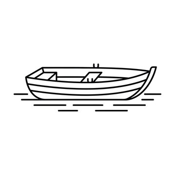 Minimalist wooden rowboat icon, simple line art boat on water, outline vector illustration of a small fishing dinghy vector