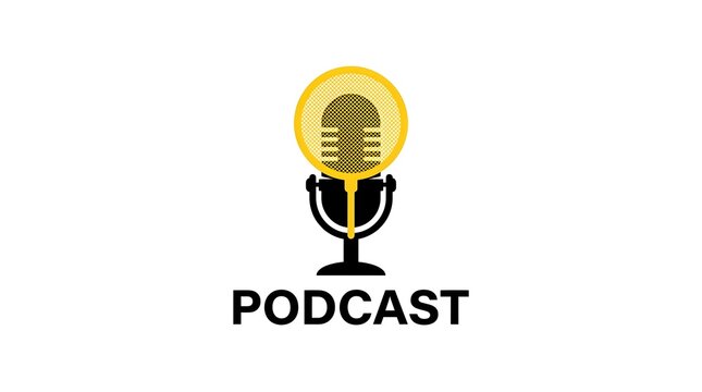 Minimalist podcast icon featuring a studio microphone with a yellow pop filter on white