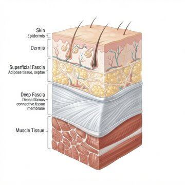 Visual representation details the layers of fascia and connective tissue in the human body, including skin, superficial fascia, and muscle tissue