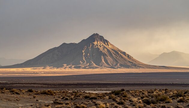 Majestic volcanic mountain peak rising above the arid desert landscape at sunset.