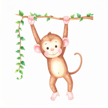 the illustration portrays a cartoon monkey hanging from a branch of a tree