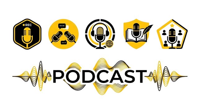 Podcast icon set and logo typography with abstract soundwaves for audio broadcasting media