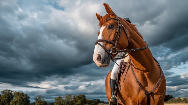 Chestnut horse wearing bridle outdoors under a dramatic cloudy sky equine