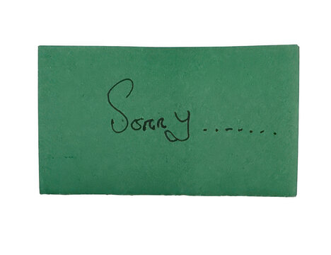 Handwritten sorry note on a small green paper card isolated on transparent background