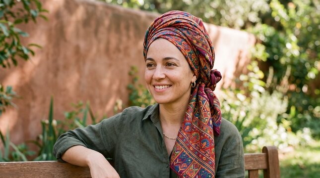 Woman wearing a colorful headscarf smiles while sitting on a wooden bench outdoors in a garden