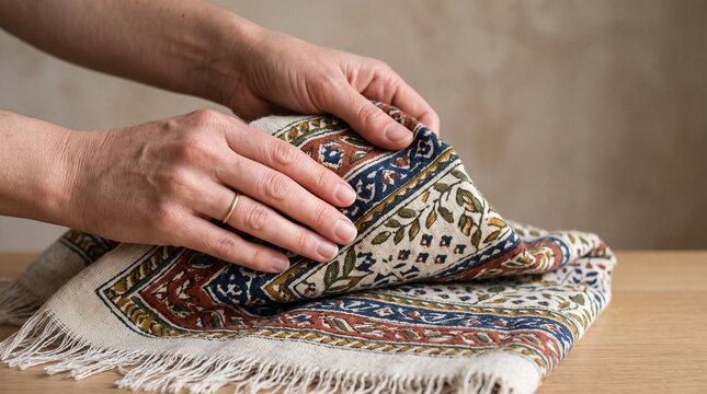 Hands folding a decorative textile with traditional Indian block print patterns and fringed edges