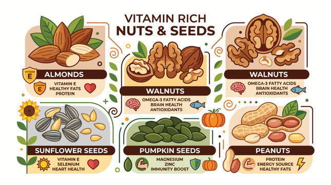 Very beautiful colorful vector of almonds, walnuts, sunflower seeds, pumpkin seeds and peanuts representing natural vitamin sources, VITAMIN RICH NUTS & SEEDS, white background, no gradients.