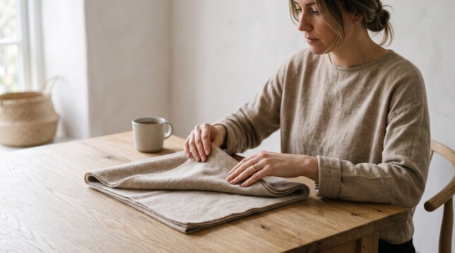Woman folding a beige textile on a wooden table with a mug of tea and a basket in the background