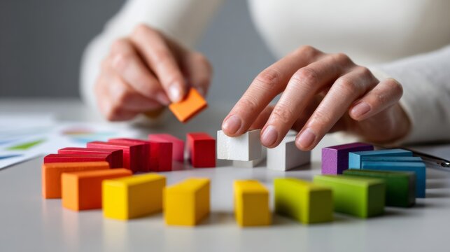 Woman organizing colorful wooden blocks in a circle shape pattern hands