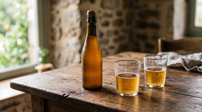 Amber beverage in a bottle and two glasses on a rustic wooden table with a stone wall background