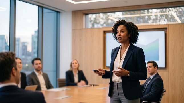 Confident businesswoman leads presentation in modern boardroom with diverse colleagues listening attentively