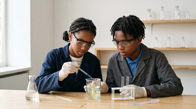 Two young students in lab coats and safety goggles conduct a science experiment with beakers and test tubes