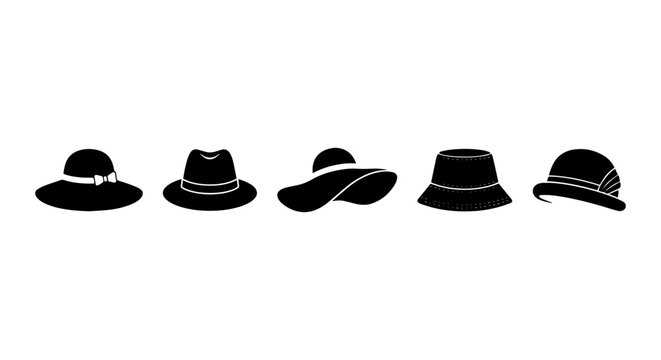 Set of 5 Black Silhouette Hats, Vintage Fedoras and Sun Hats, Fashion Accessories Collection