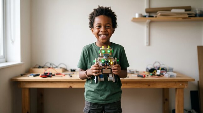 Young boy proudly holds a handmade robot with glowing lights, showcasing STEM education and creativity