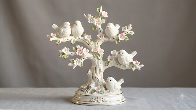 Decorative porcelain figurine of a flowering tree branch with perched white birds bird figurine ceramic tree decorative sculpture flower ornament tabletop decor home decoration collectible art
