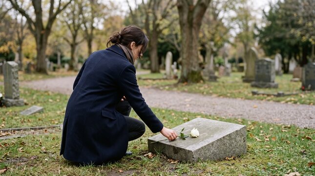 Woman places white rose on gravestone in cemetery during autumn season