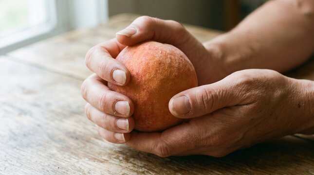 Close up of hands holding a ripe peach on a wooden table with soft window light
