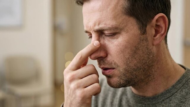 a man touches his nose with a deviated septum and breathes through his mouth