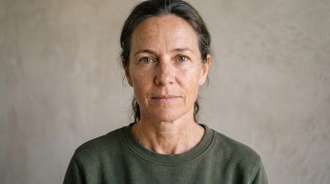 Mature woman with freckles and graying hair looking directly at the camera with a neutral expression
