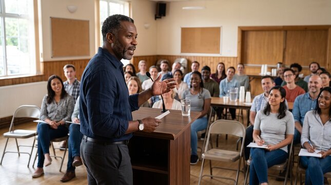 Experienced Black Male Speaker Addresses Diverse Audience in Conference Room