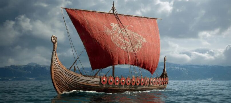 Viking ship with red sail. Generative video AI technology.	
