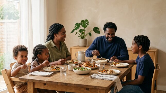 Happy Black Family Enjoying a Delicious Meal Together Around a Wooden Dining Table Indoors
