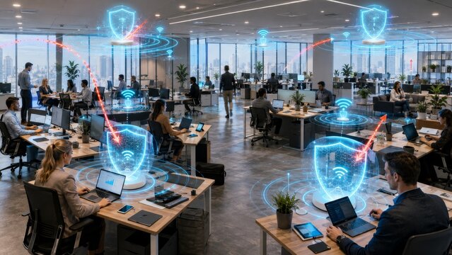 Corporate Office WiFi Cybersecurity Network with Wireless Threat Protection and Endpoint Security