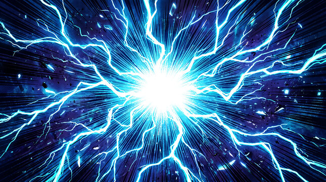 Glowing blue electric lightning bolts radiating from a central white core with intense motion line effects