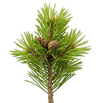 Fresh pine tree branch with small brown cones isolated