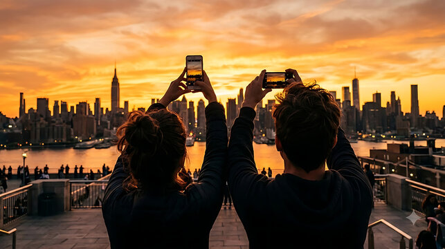 Two travelers taking pictures of the urban city skyline at sunset from a high vantage point with golden hour mobile photography capturing memories travelers smartphones urban view photography