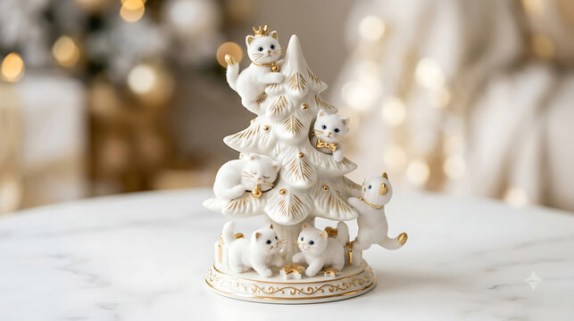 White porcelain christmas tree figurine decorated with playful little cats on a marble surface with festive bokeh background white ceramic holiday decoration marble table cute cats winter holiday