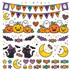 Obraz premium Festive Kawaii Halloween Vector Set: Adorable Ghosts, Pumpkins, Cats, and Candies