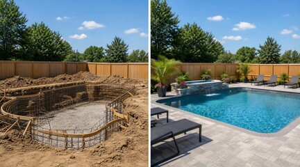 Fototapeta premium Backyard Pool Construction Before and After Transformation
