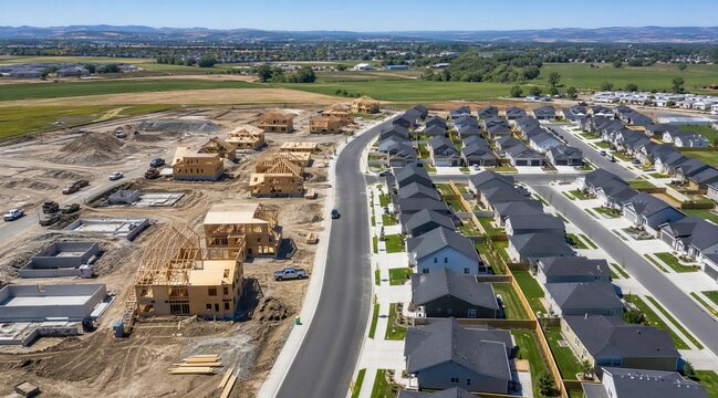 Aerial View of New Suburban Housing Development Under Construction